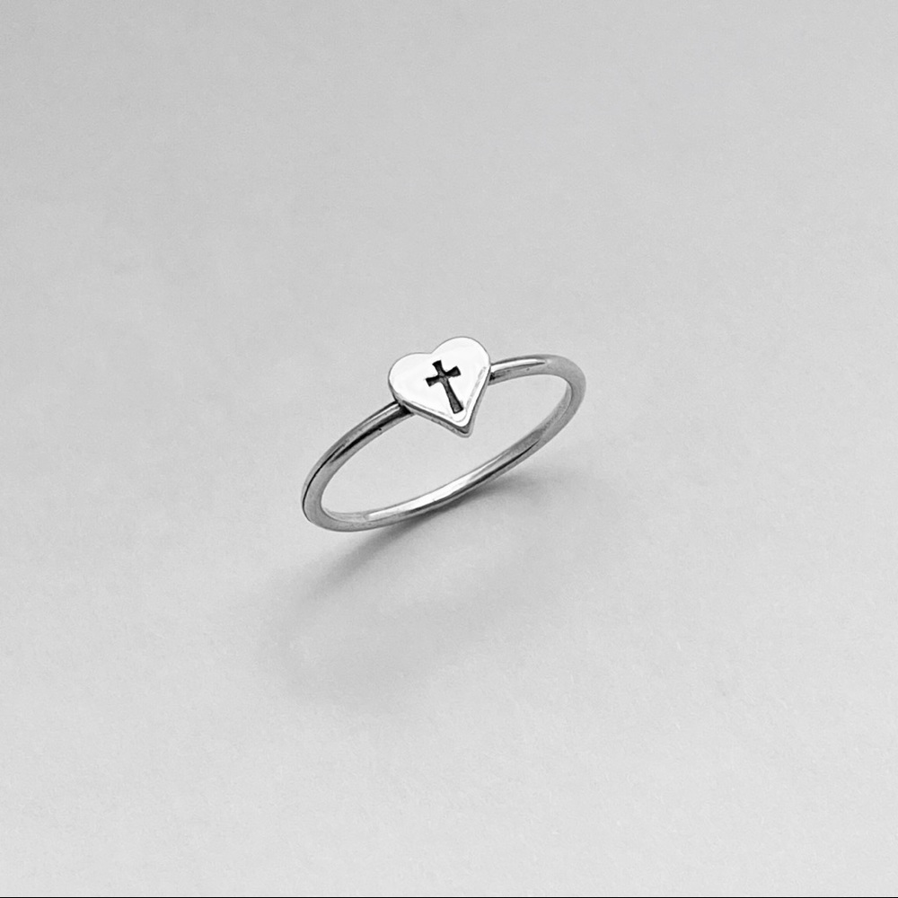 Sterling Silver Tiny Cross In Heart Ring, Dainty Rings, Love Ring